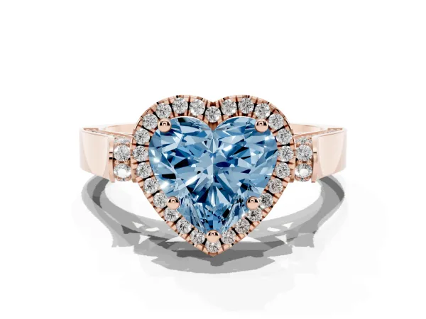 Fancy Blue Heart Cut Halo Round Diamond Twist Band with Four-Prong Setting Rose gold