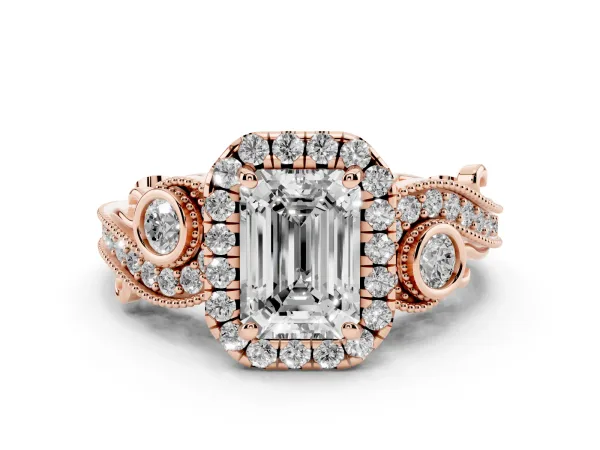 Emerald Cut Halo Diamond Ring with Milgrain and Bezel Accents on a Split Shank Band Rose gold