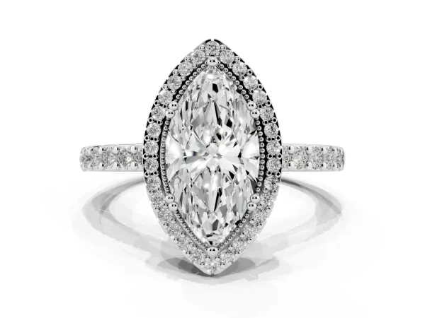 Marquise Cut Cut Diamond Halo Engagement Ring with Milgrain Detail and Pavé Band Platinum