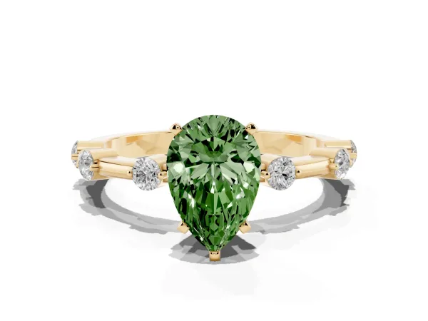 Fancy Green Pear Cut Solitaire Diamond Ring with Bezel Set Side Stones and Prong Setting Yellow gold