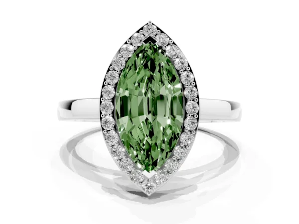 Fancy Green Marquise Cut Halo Diamond Ring with Solitaire Band and Prong Setting Platinum