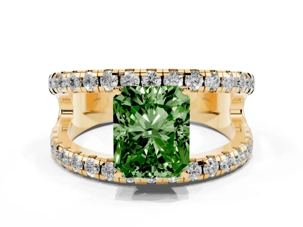 Fancy Green Radiant Cut Solitaire Split Shank Pave Diamond Ring Yellow gold