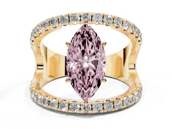 Fancy Pink Marquise Cut Solitaire Split Shank Pave Diamond Ring Yellow gold