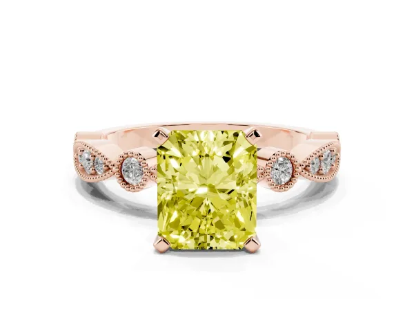 Fancy Yellow Radiant Cut Milgrain Bezel Diamond Engagement Ring with Solitaire Prong Setting Rose gold