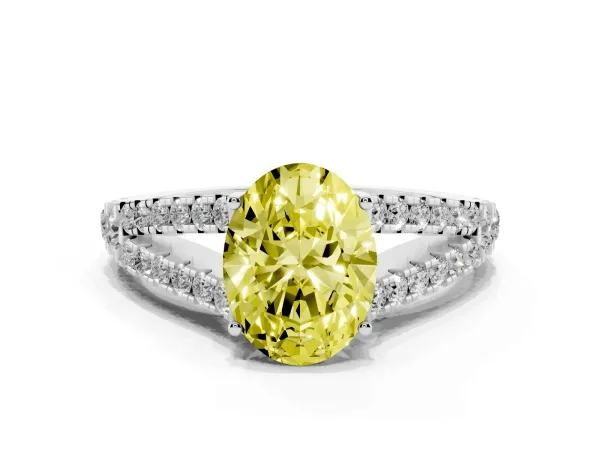 Fancy Yellow Oval Cut Diamond Split Shank Engagement Ring with Round Pavé and Prong Setting Platinum