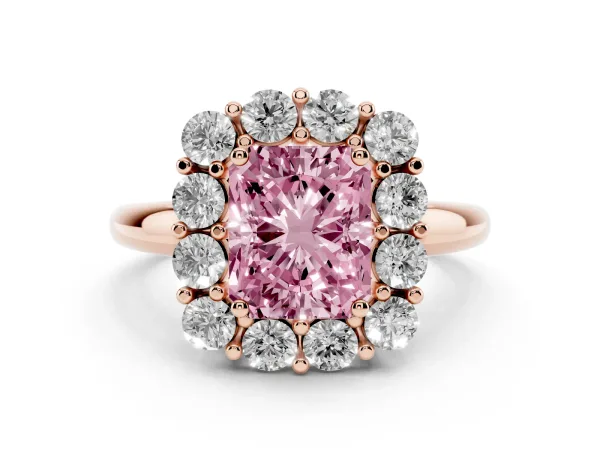 Fancy Pink Radiant Cut Halo Cluster Diamond Engagement Ring with Prong Setting and Polished Band Rose gold