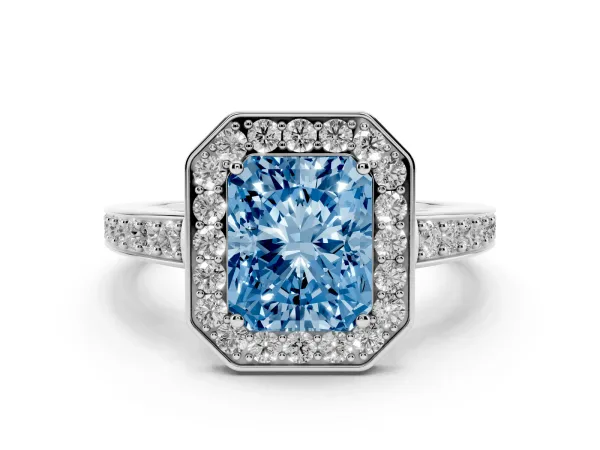 Fancy Blue Radiant Cut Halo Pavé Diamond Engagement Ring with Bezel Setting White gold