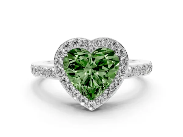 Fancy Green Heart Cut Halo Diamond Pavé Band Ring with Prong Setting Platinum