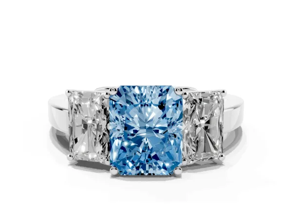 Fancy Blue Three-Stone Radiant Cut Cut Diamond Engagement Ring with Flat Band and Four-Prong Setting Platinum