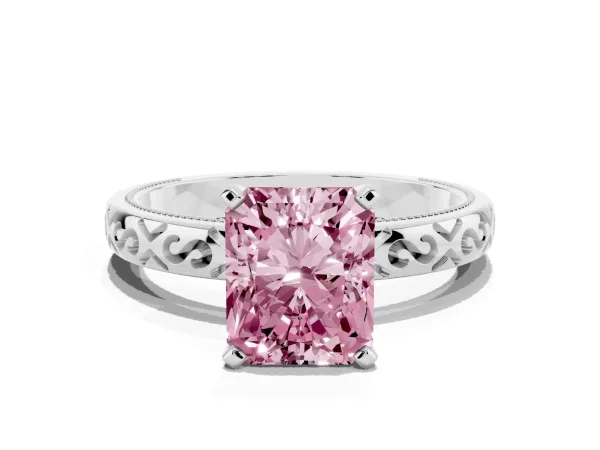 Fancy Pink Radiant Cut Solitaire Engagement Ring with Scrollwork Band and Four-Prong Setting White gold