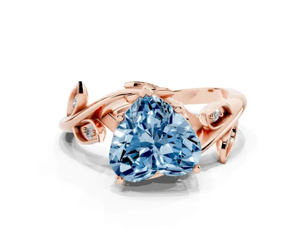 Fancy Blue Heart Cut Solitaire Twist Engagement Ring with Leaf Accents and Prong Setting Rose gold
