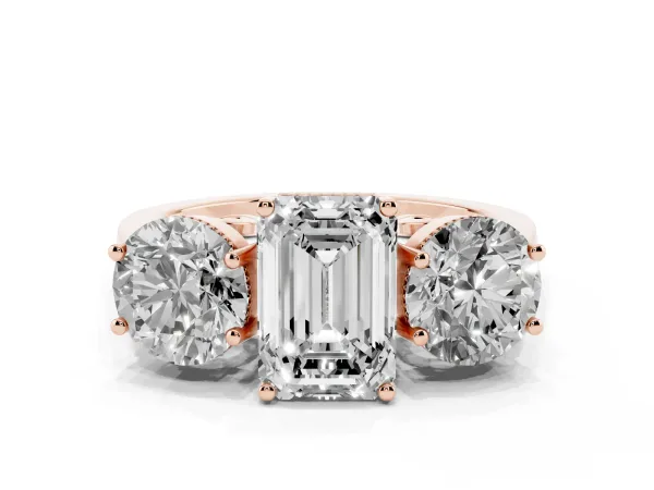 Three-Stone Emerald Cut Diamond Engagement Ring with Prong Setting on a Classic Band Rose gold