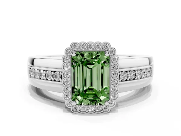 Fancy Green Emerald Cut Cut Halo Pave Band Four-Prong Ring Platinum
