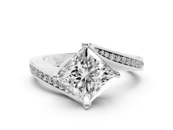 Princess Cut Solitaire Diamond Twist Band with Pavé Setting and Four-Prong Setting Platinum