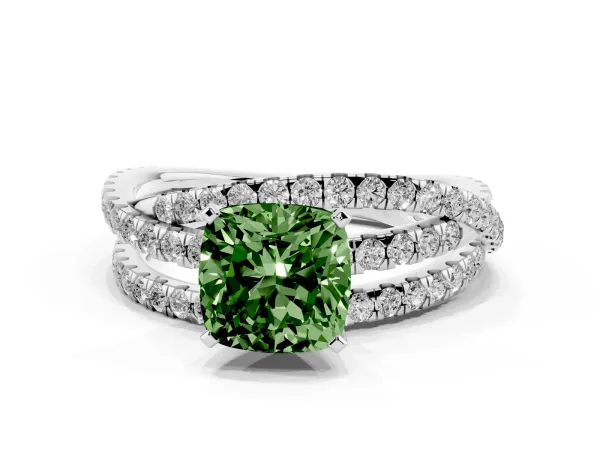 Fancy Green Cushion Cut Solitaire Twist Band with Pavé Setting and Four-Prong Setting White gold