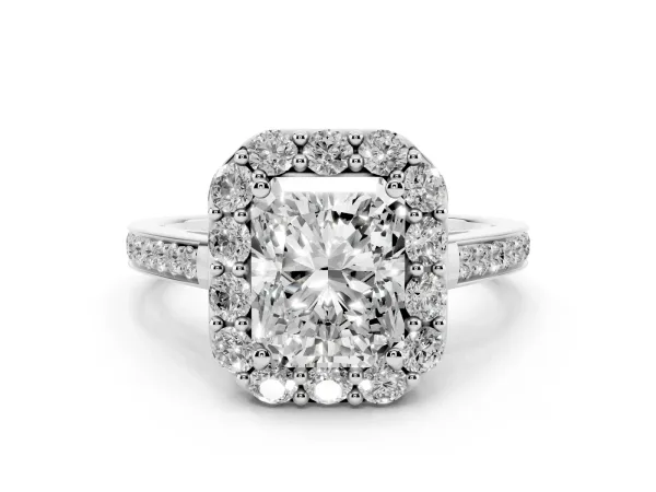 Radiant Cut Diamond Floral Halo Ring with Pavé Band and Prong Setting White gold