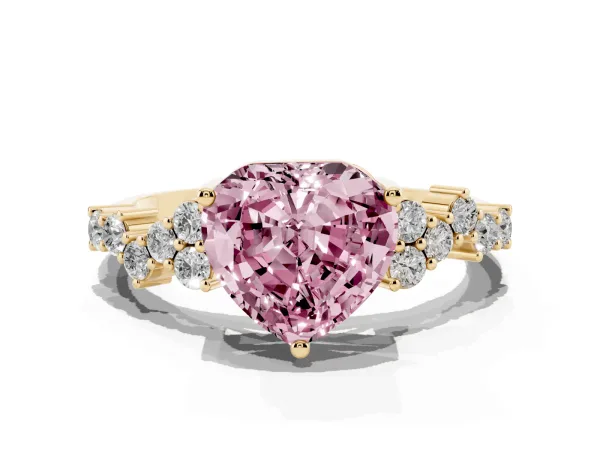 Fancy Pink Heart Cut Diamond Scattered Round Accent Ring with Prong Setting Yellow gold