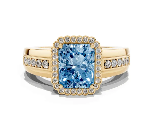 Fancy Blue Radiant Cut Cut Halo Pave Band Four-Prong Ring Yellow gold