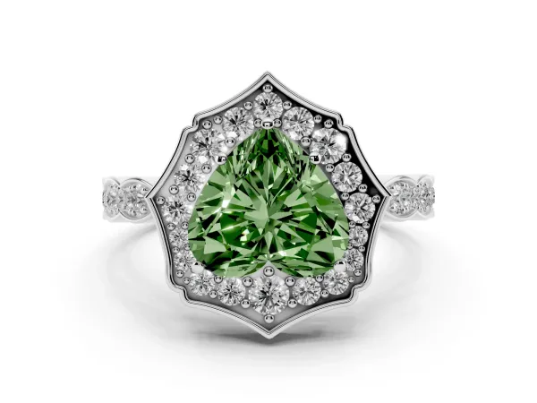 Fancy Green Heart Cut Halo Diamond Engagement Ring with Milgrain Band and Four-Prong Setting White gold