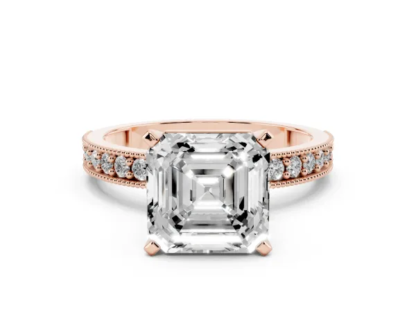 Asscher Cut Diamond Milgrain Pavé Engagement Ring with Four-Prong Setting Rose gold