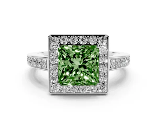 Fancy Green Princess Cut Halo Pavé Diamond Engagement Ring with Bezel Setting White gold