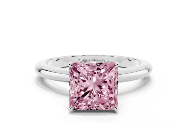 Fancy Pink Princess Cut Brilliant Solitaire Engagement Ring with Six-Prong Setting and Classic Band White gold