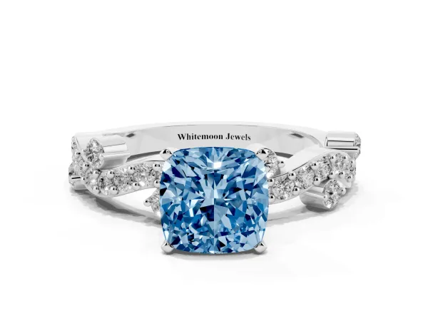 Fancy Blue Cushion Cut Cut Solitaire Diamond Twisted Band with Pave Setting Platinum