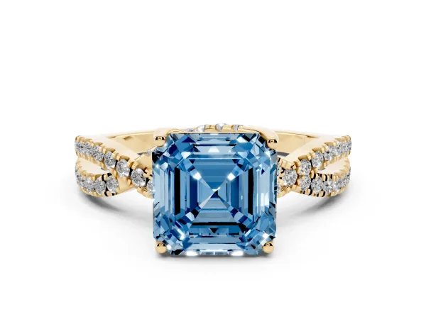Fancy Blue Asscher Cut Solitaire Twist Pave Diamond Engagement Ring with Prong Setting Yellow gold