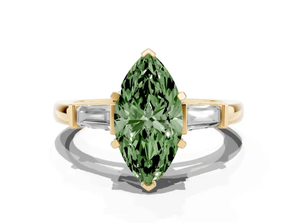 Fancy Green Marquise Cut Cut Diamond Solitaire Ring with Tapered Baguette Accents and Four-Prong Setting Yellow gold