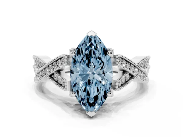 Fancy Blue Marquise Cut Cut Diamond Twisted Band with Milgrain Pave Setting and Four-Prong Setting Platinum