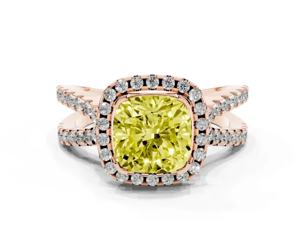 Fancy Yellow Cushion Cut Diamond Halo Ring with Split Shank Pavé Band and Prong Setting Rose gold