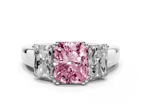 Fancy Pink Three-Stone Radiant Cut Cut Diamond Ring with Channel Set Band and Four-Prong Setting Platinum