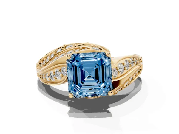 Fancy Blue Asscher Cut Diamond Solitaire Ring with Prong Setting and Twisted Pavé Band Yellow gold