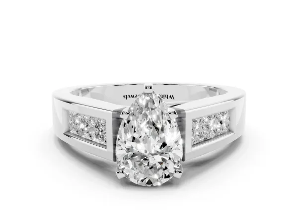 Pear Cut Cut Channel Set Solitaire Ring with Four-Prong Setting White gold