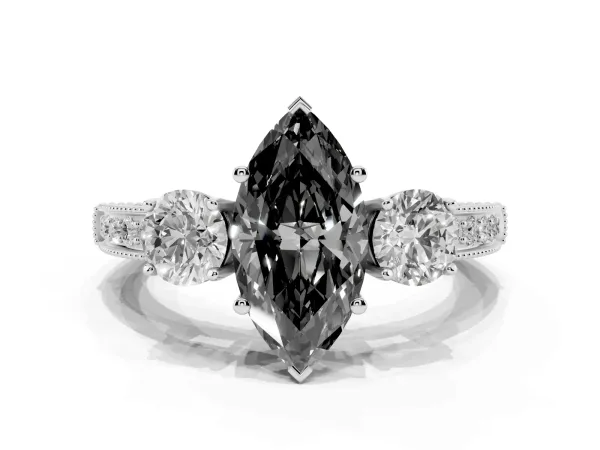 Fancy Black Marquise Cut Three-Stone Diamond Ring with Pavé Band and Four-Prong Setting Platinum