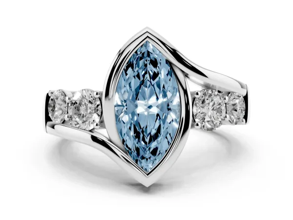 Fancy Blue Bezel Set Marquise Cut Diamond Bypass Ring with Round Accents Platinum