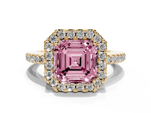 Fancy Pink Asscher Cut Diamond Pavé Halo Ring with Four-Prong Setting Yellow gold