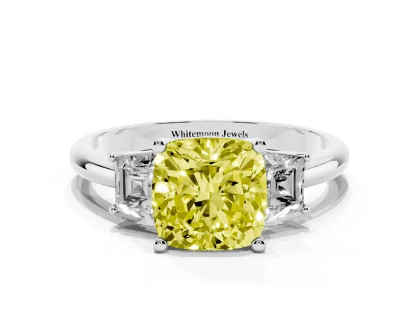 Fancy Yellow Cushion Cut Diamond Three-Stone Ring with Trapezoid Side Stones and Prong Setting Platinum