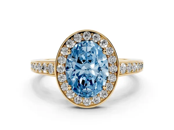 Fancy Blue Oval Cut Halo Pavé Diamond Engagement Ring with Bezel Setting Yellow gold