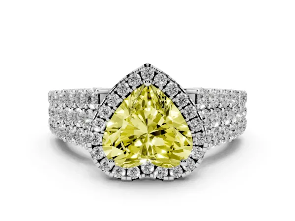 Fancy Yellow Heart Cut Diamond Halo Engagement Ring with Triple Row Round Pavé Band and Prong Setting Platinum