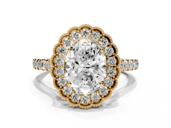 Oval Cut Cut Diamond Milgrain Floral Halo Engagement Ring with Pavé Band Yellow gold