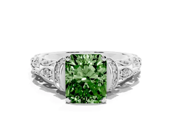Fancy Green Radiant Cut Diamond Solitaire Ring with Filigree Band and Four-Prong Setting White gold