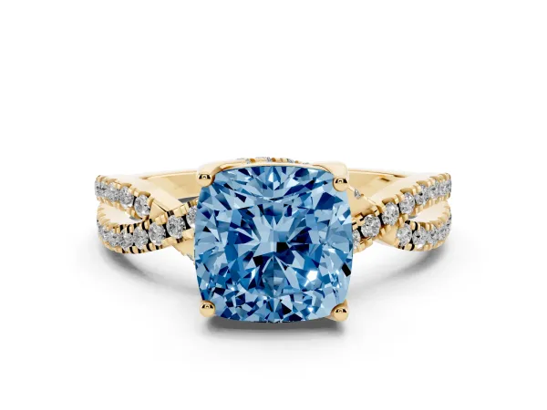 Fancy Blue Cushion Cut Solitaire Twist Pave Diamond Engagement Ring with Prong Setting Yellow gold