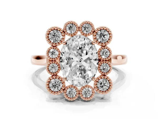 Oval Cut Halo Diamond Cluster Engagement Ring with Milgrain Bezel Setting and Solitaire Band Rose gold