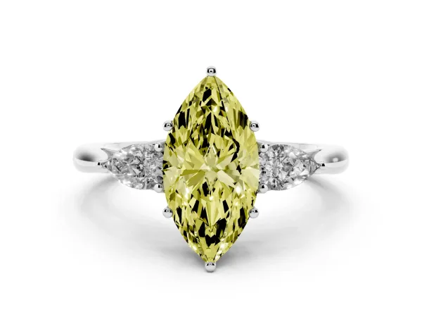 Fancy Yellow Three-Stone Marquise Cut Brilliant Diamond Solitaire Ring with Tapered Band and Four-Prong Setting White gold