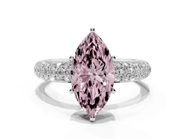 Fancy Pink Marquise Cut Diamond Solitaire Ring with Prong Setting and Pavé Band White gold