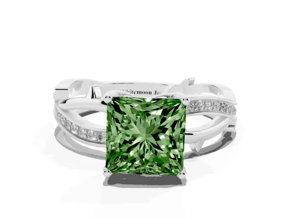 Fancy Green Princess Cut Solitaire Twist Band with Pavé Accents and Four-Prong Setting White gold