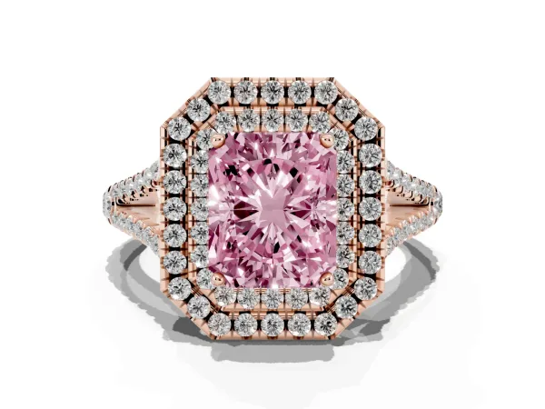 Fancy Pink Radiant Cut Diamond Double Halo Ring with Pavé Band and Prong Setting Rose gold