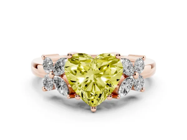 Fancy Yellow Heart Cut Diamond Floral Cluster Ring with Solitaire Band and Prong Setting Rose gold