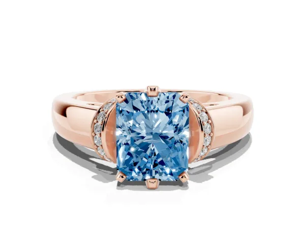 Fancy Blue Radiant Cut Solitaire Diamond Ring with Pave Band and Six-Prong Setting Rose gold